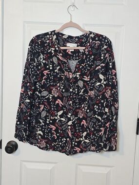 Christopher & Banks Navy Floral Bird Print Button Front Blouse Large Cottagecore